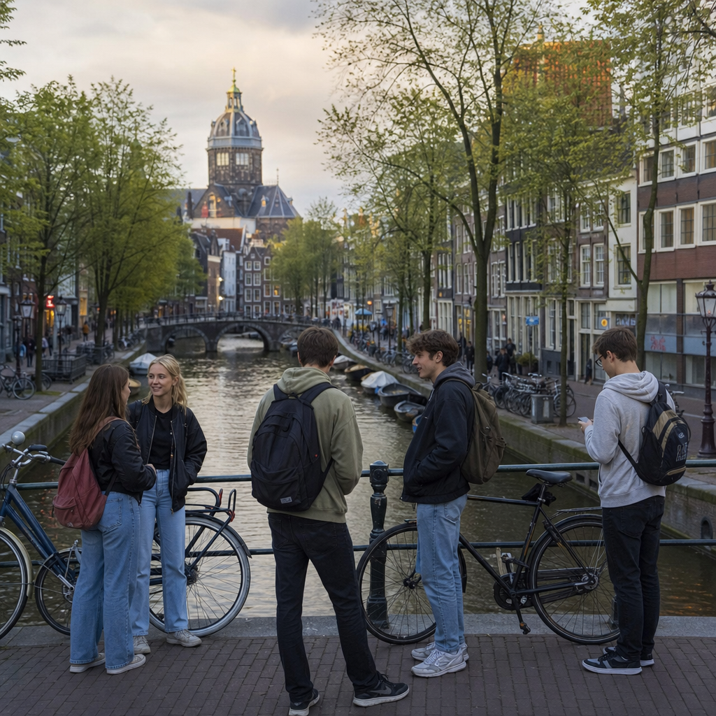 Photorealistic Amsterdam student neighborhood with bicycles, canal houses, students, and a tram near university housing areas.