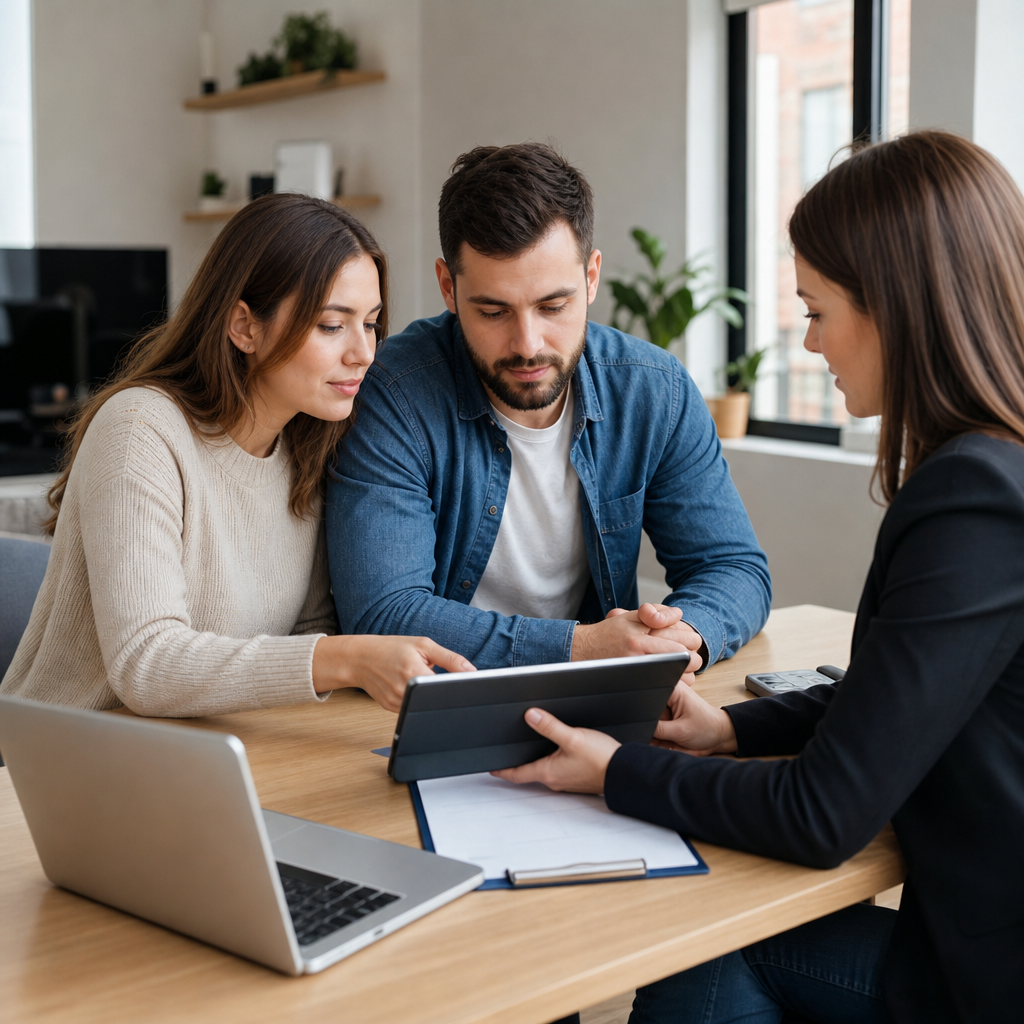 Photorealistic editorial scene of a tenant and landlord using secure digital and contactless methods to pay a rental deposit and first month’s rent.