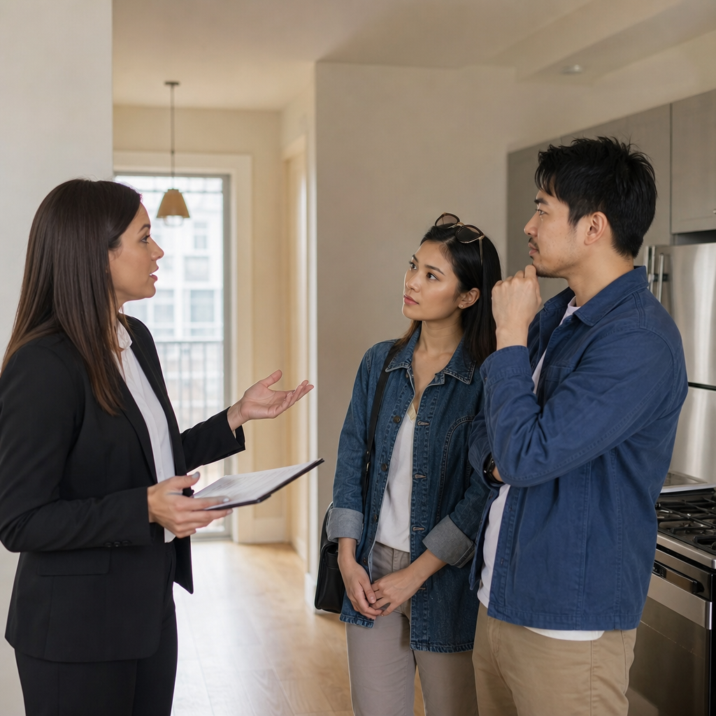 A tenant and a property manager communicating with the help of a translation app during the rental process in a modern office.