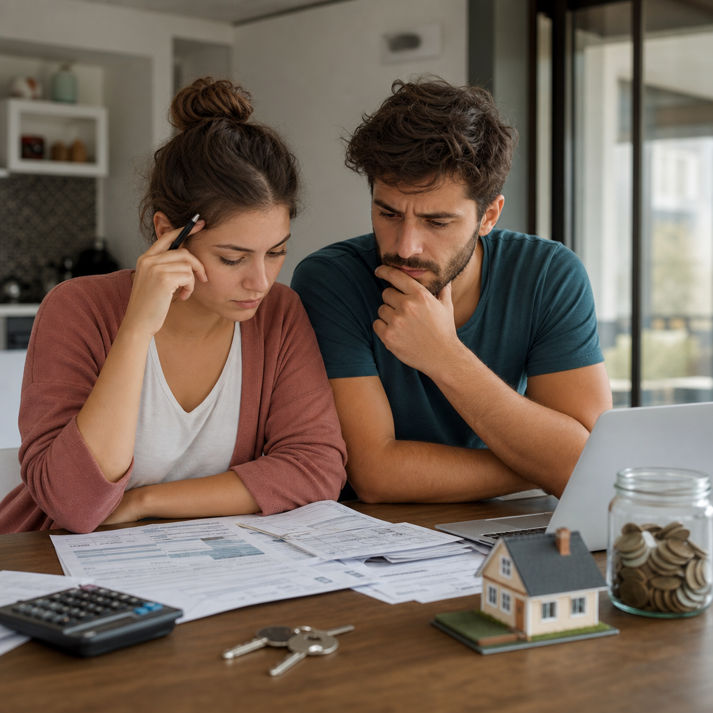 Modern photorealistic image of a tenant reviewing rental fees, security deposit documents, receipts, and hidden housing costs at a kitchen table.