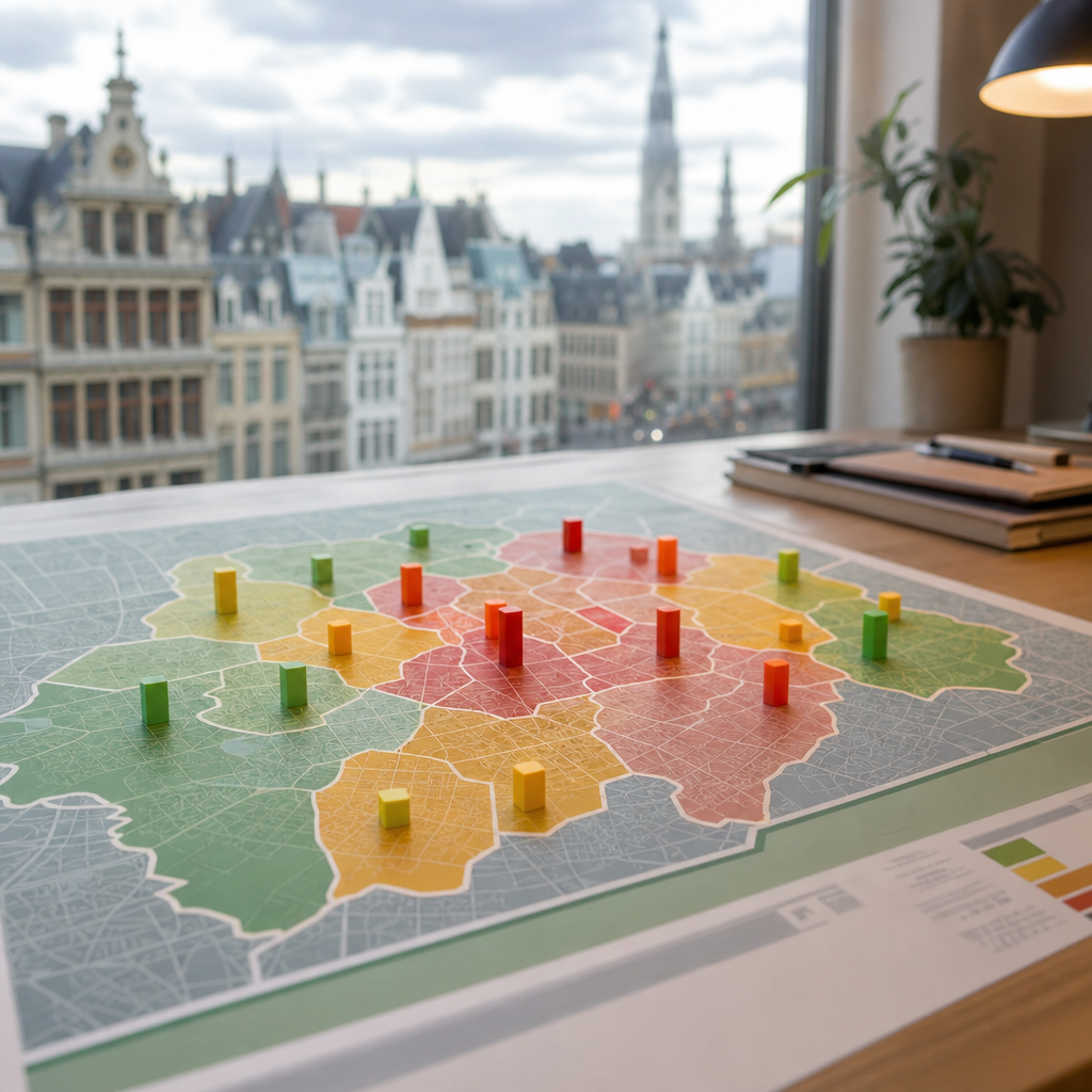 Photorealistic editorial view of Brussels neighborhoods showing contrasts in safety, housing quality, and rental prices across different districts.