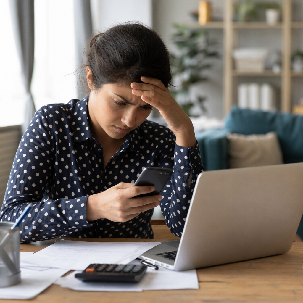 Concerned renter reviewing documents and phone messages in a modern apartment after suspecting a rental scam.