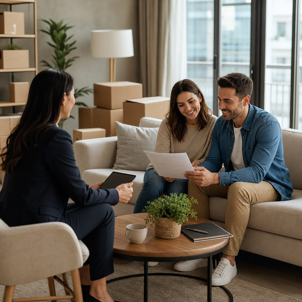Modern photorealistic editorial image of a relocating couple in a furnished apartment with moving boxes, rental listings, neighborhood map, and relocation housing support details.