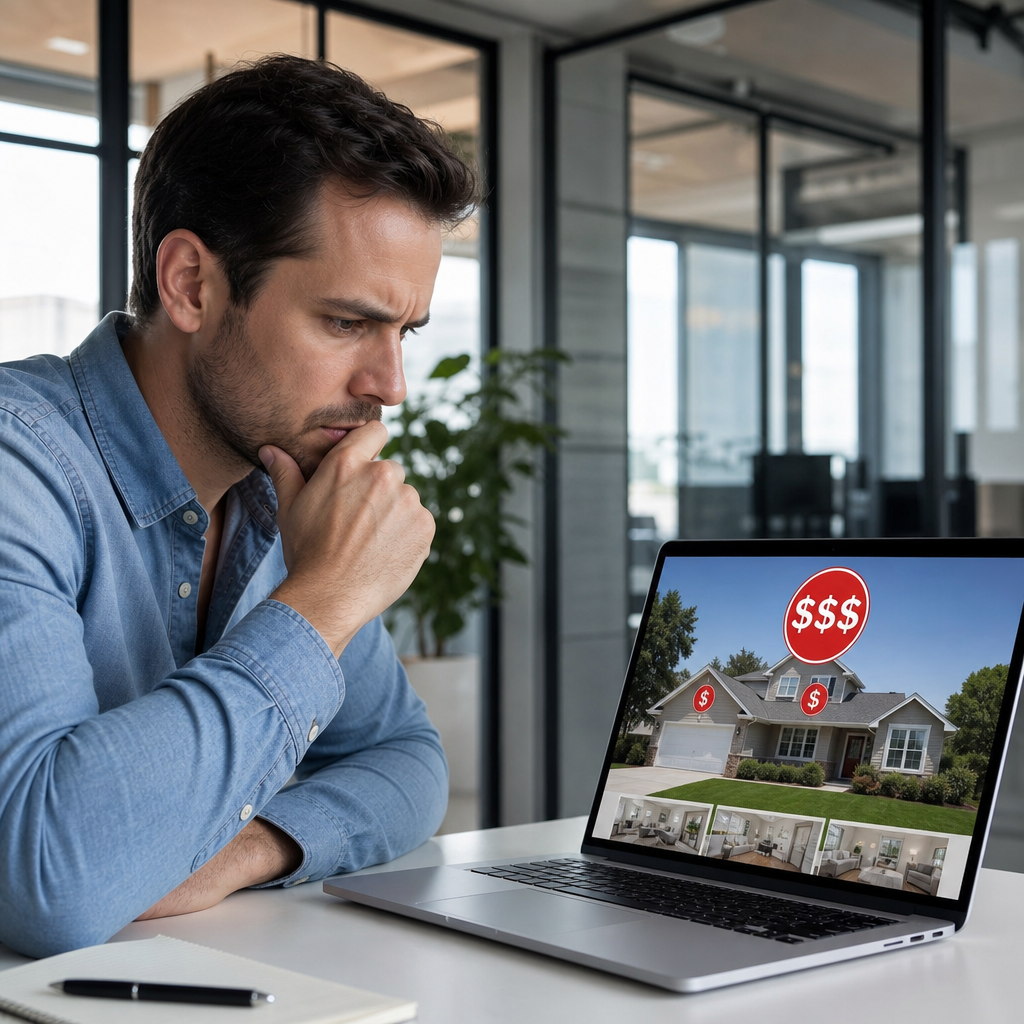 Modern editorial photo of a real estate agent comparing home listings with a calculator and tablet to spot an overpriced property quickly.