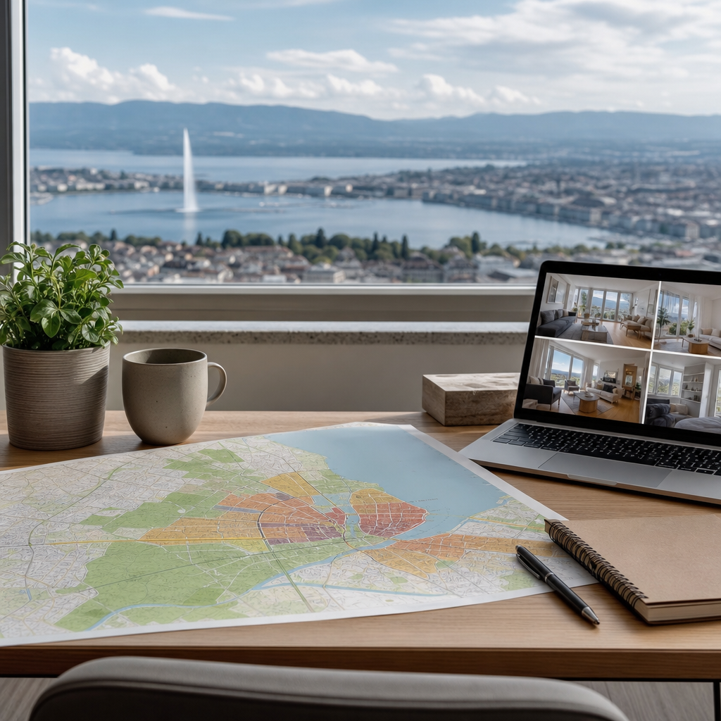 Photorealistic editorial view of Geneva neighborhoods showing different housing styles and urban settings to illustrate how far a rent budget goes across the city.