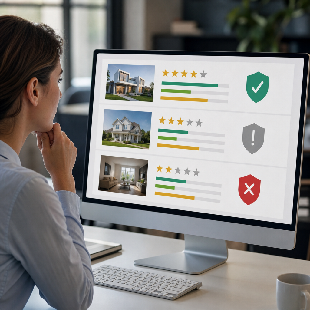 Photorealistic editorial image of a professional reviewing a trust scoring dashboard to filter risky listings in a modern office.