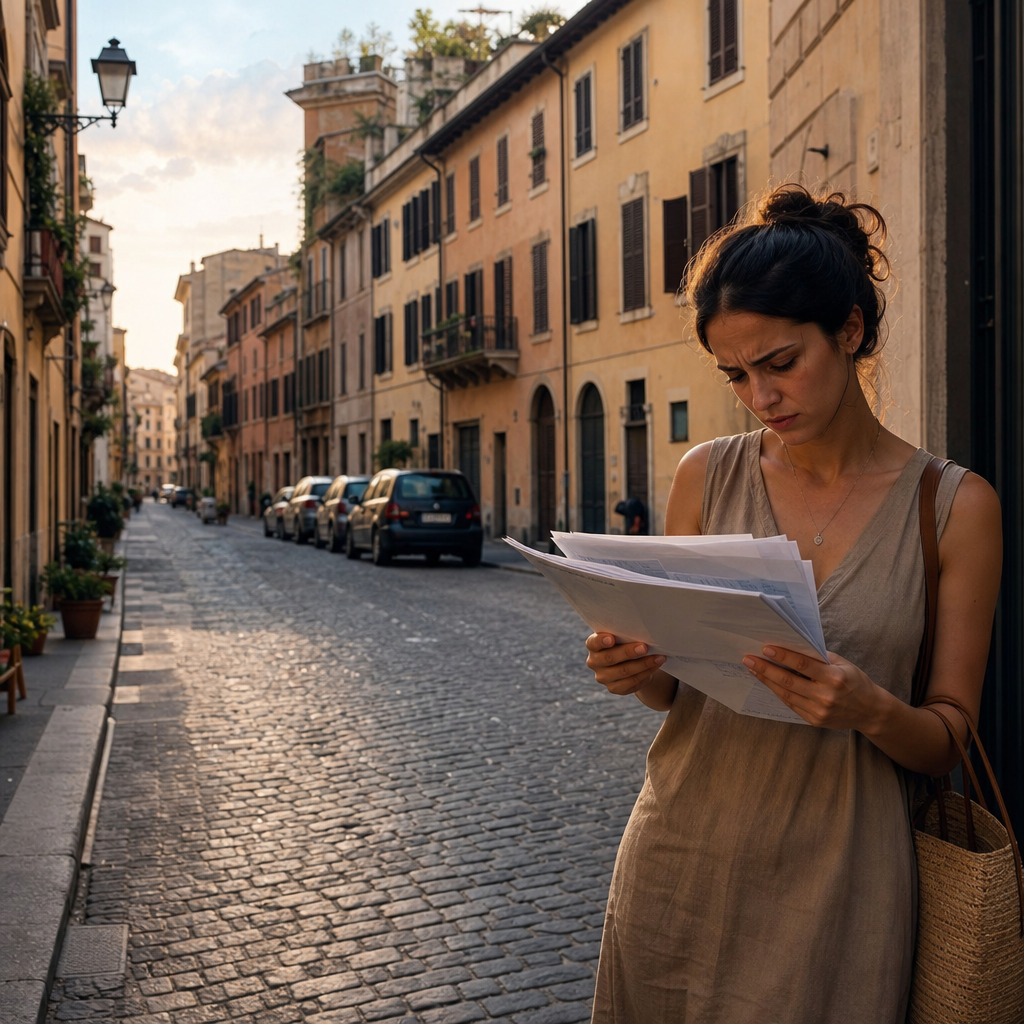 Photorealistic editorial scene of people searching for a rental apartment in Italy with documents, laptop, keys, and an Italian city backdrop.