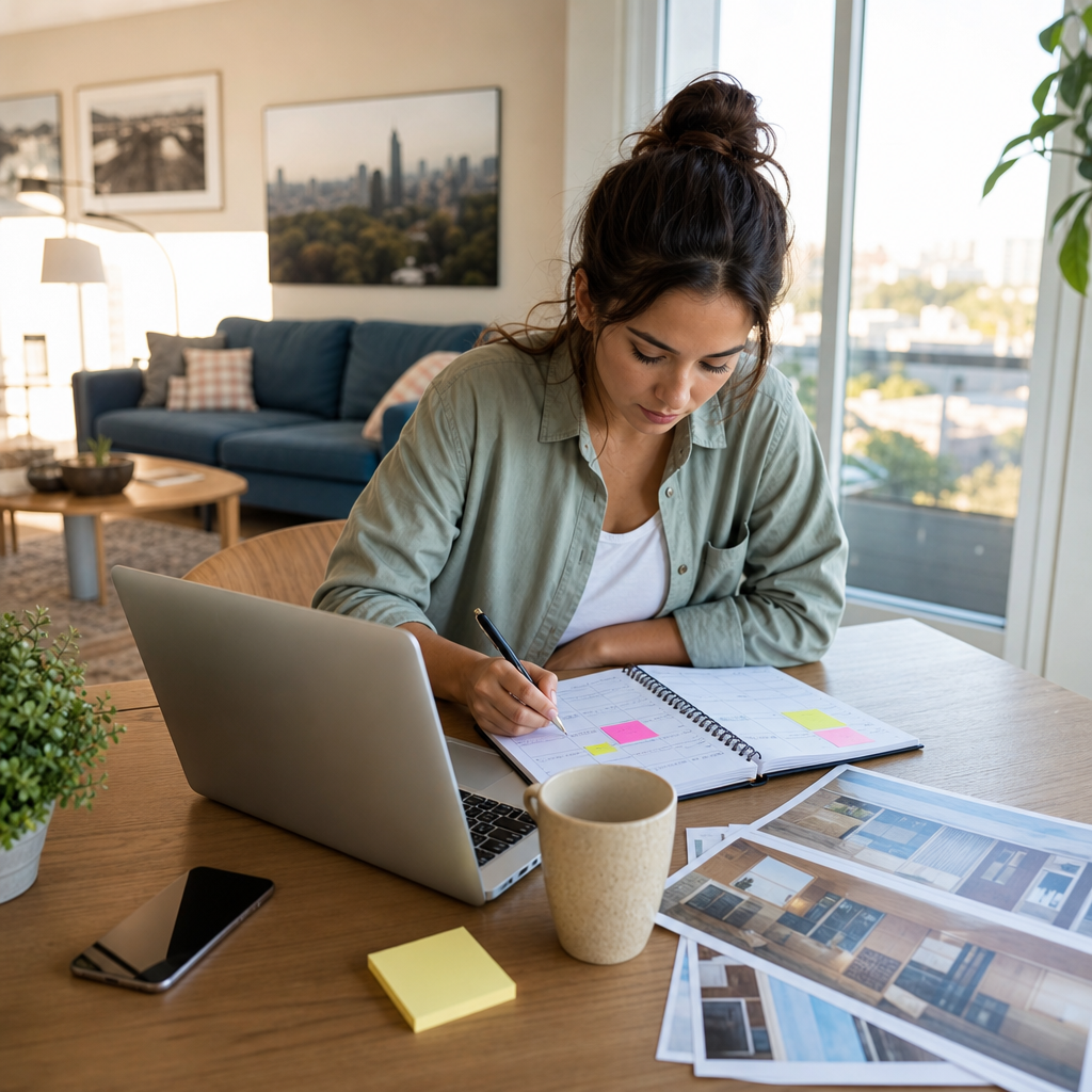 Photorealistic editorial image of a renter organizing apartment search materials on a table with laptop, phone, checklist, calendar, and keys, showing a fast 7-day rental hunt.