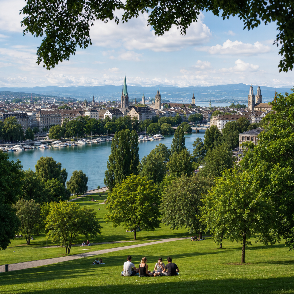 Photorealistic view of Zurich neighborhoods with lush parks, tree-lined paths, residents relaxing outdoors, and the city skyline in the background.