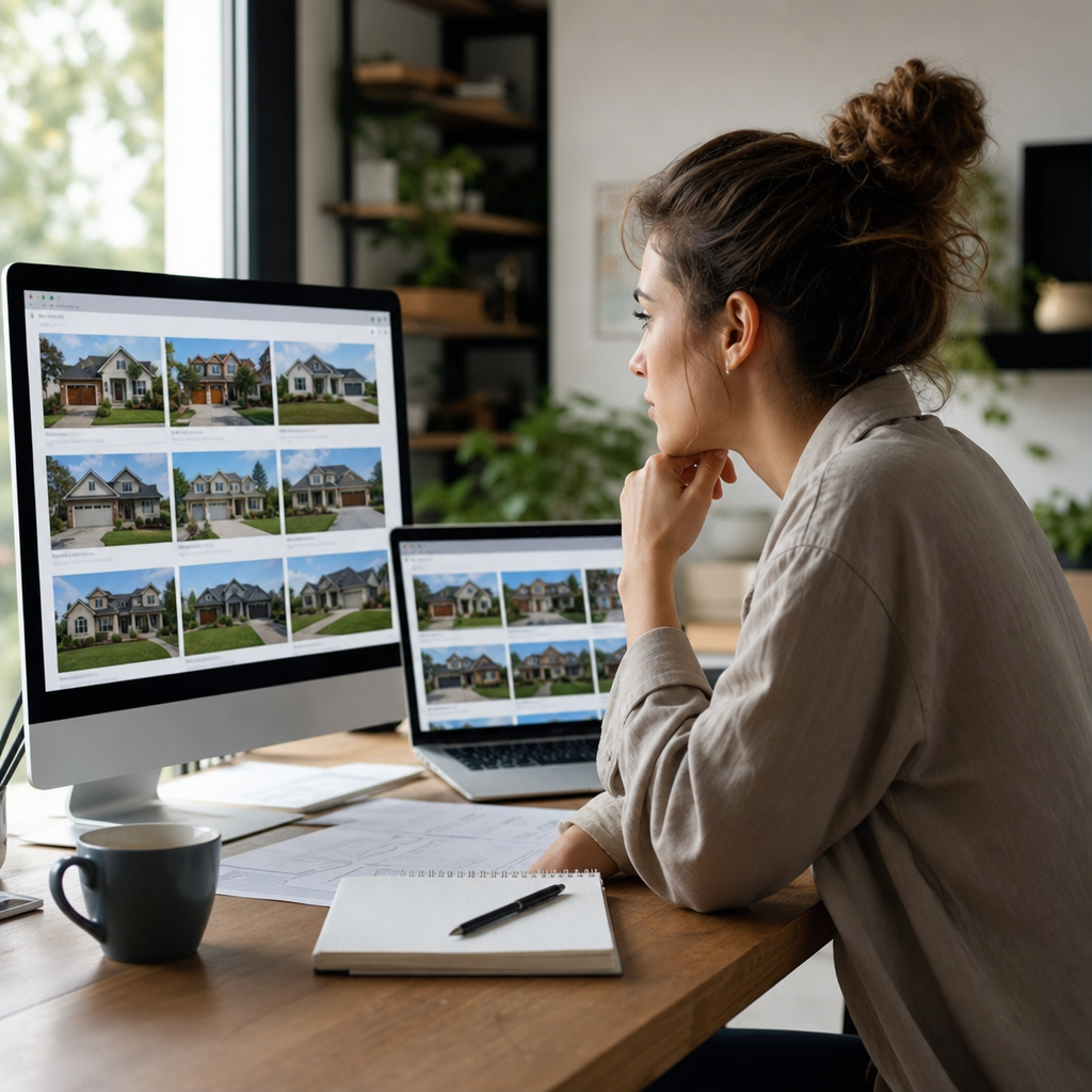 Modern editorial image of duplicate online listings shown across multiple website windows on a desk, illustrating cross-site redundancy and inconsistent data.