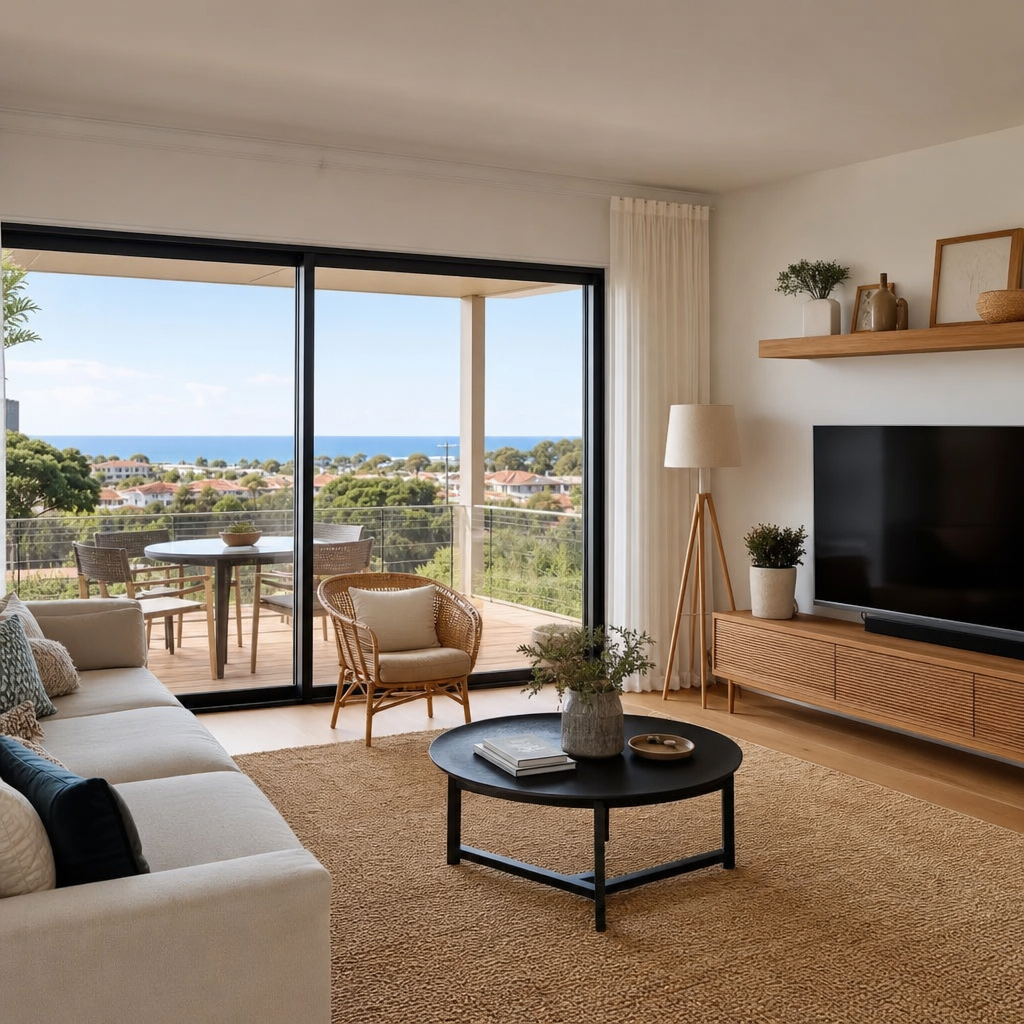 Photorealistic editorial image of a family considering a rental apartment near an international school in Portugal, with a modern home interior and school building in the background.