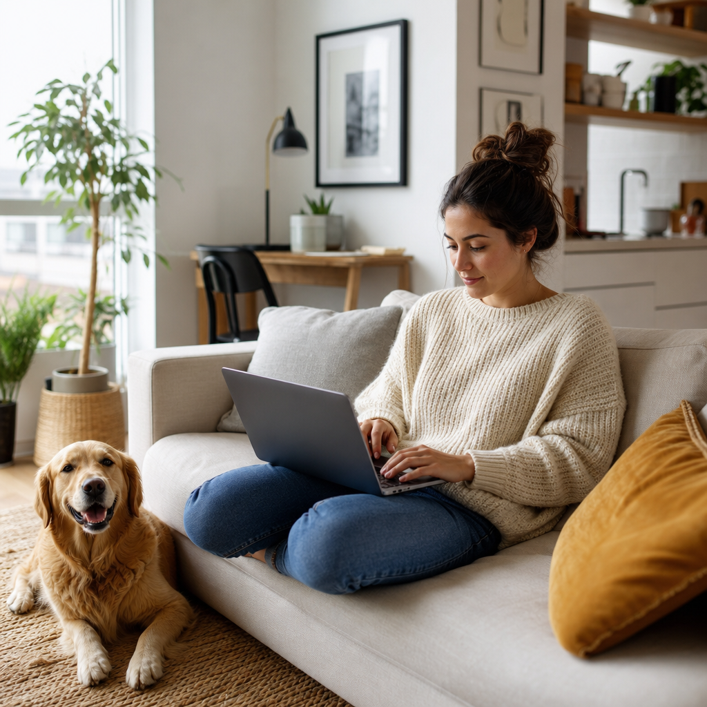 A renter searching for pet-friendly apartments on a laptop and phone in a bright modern home with a dog and cat nearby.