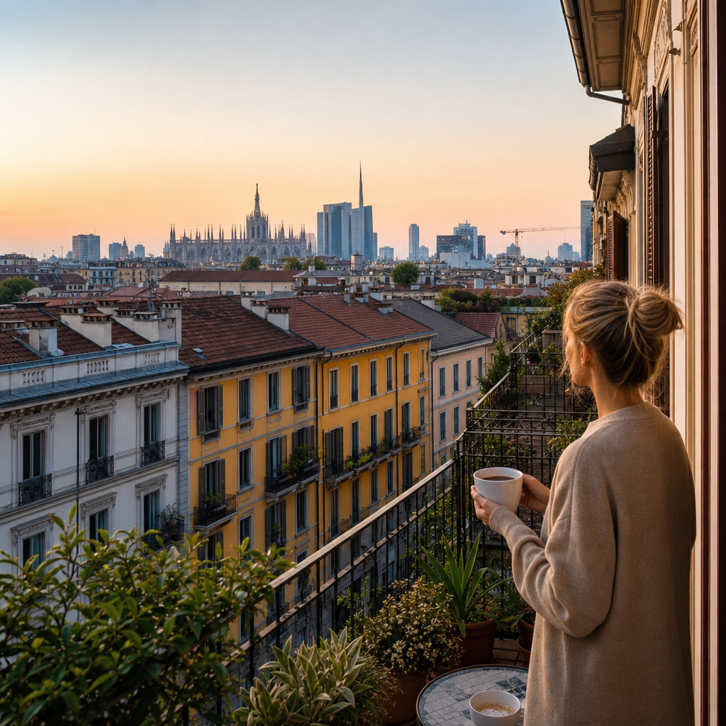 Photorealistic editorial view of a modern Milan neighborhood with stylish apartments, café terraces, and expats walking near transit and contemporary buildings.