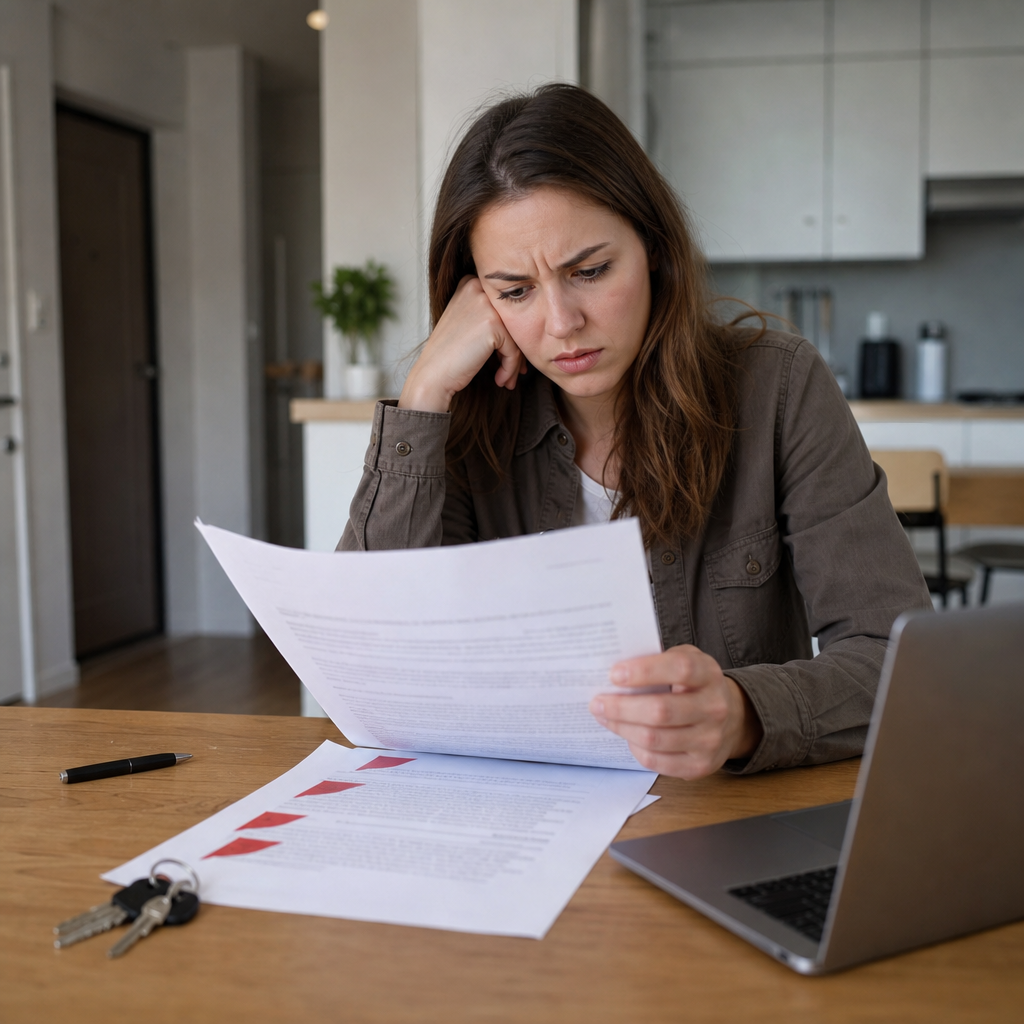 Photorealistic editorial image of a tenant reviewing a rental contract with warning signs, keys, and a magnifying glass in a modern apartment setting.