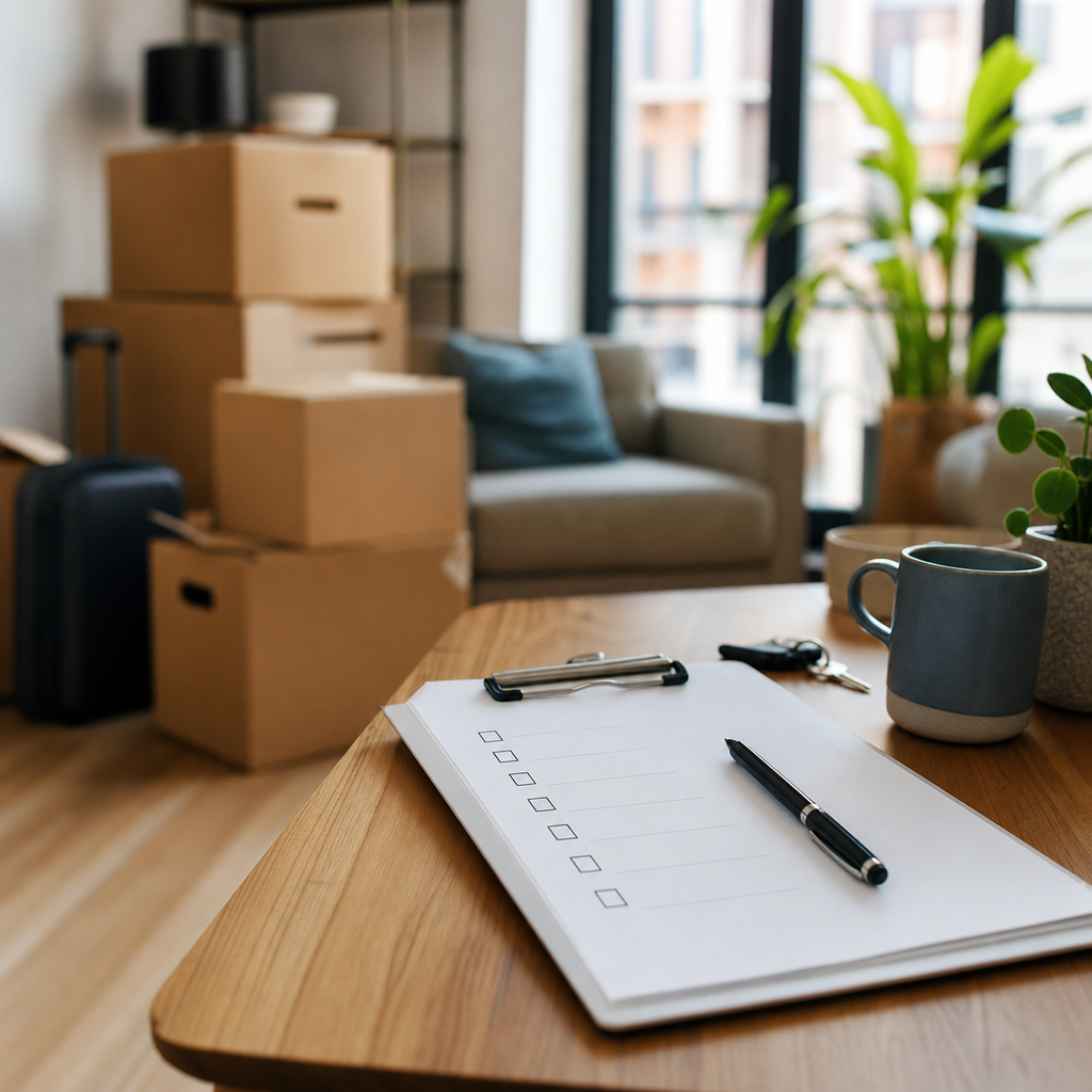 Photorealistic apartment scene showing a tenant settling into a rental abroad during the first week, with moving boxes, suitcase, keys, documents, and household essentials.