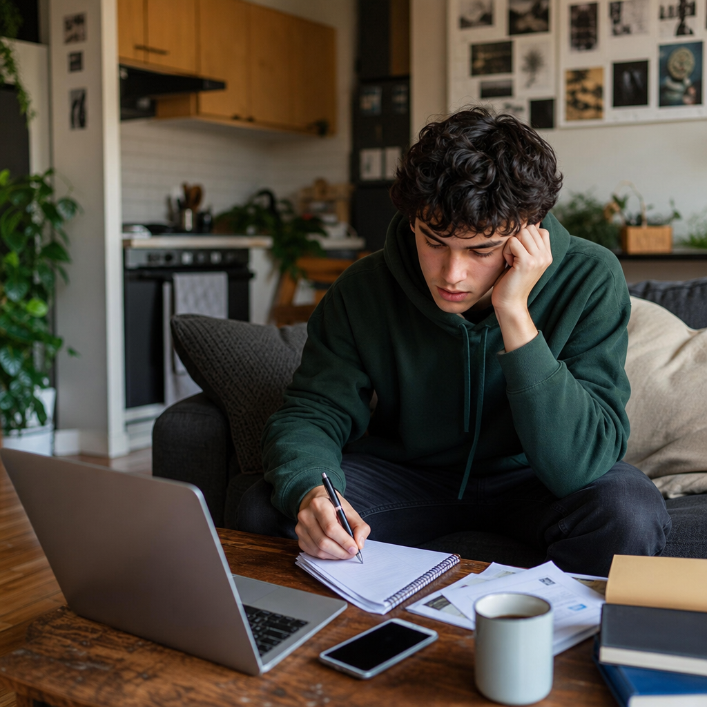Photorealistic scene of a student comparing apartment listings and budgeting for a rental in a modern city apartment.