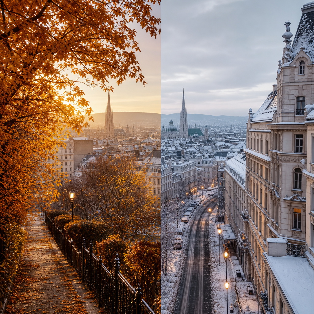 Photorealistic editorial image of a modern Vienna apartment with seasonal cues, illustrating how rental prices change throughout the year.