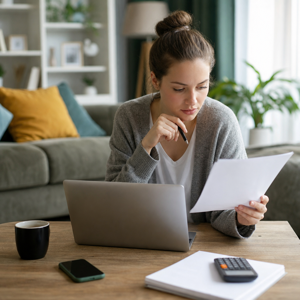Photorealistic editorial image of a renter carefully reviewing a lease, property photos, and a video call before renting an apartment sight-unseen.
