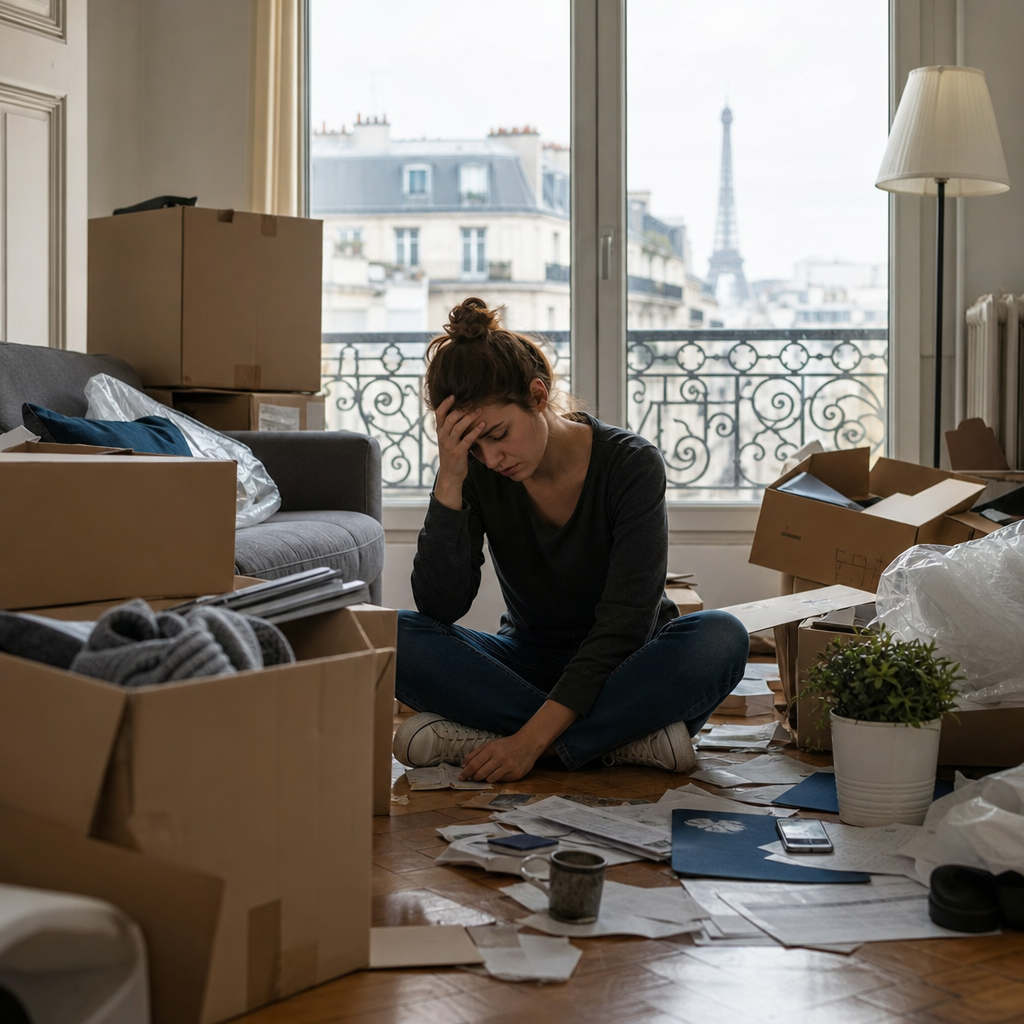 A stressed couple in a French apartment surrounded by moving boxes, rental papers, and relocation items, illustrating common renter mistakes in France.