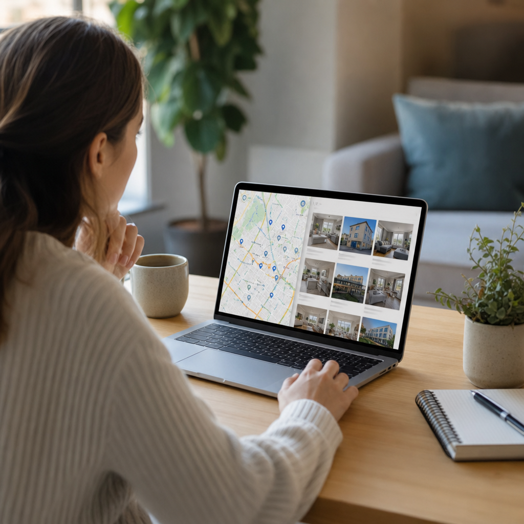 Photorealistic modern editorial scene of people searching for rentals near bus, tram, and subway stops in a walkable city neighborhood.