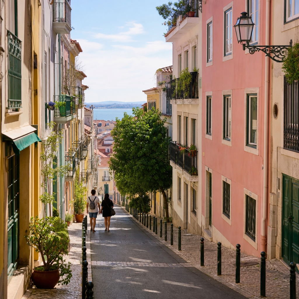 Photorealistic view of a walkable Lisbon neighborhood with cobblestone streets, colorful buildings, cafes, and pedestrians in a lively residential area.