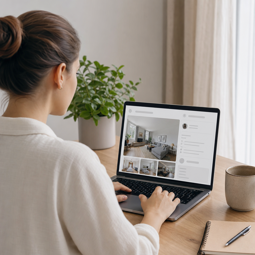 Photorealistic modern office scene showing a person reviewing a suspicious online listing and preparing to report fraud on a laptop and smartphone.