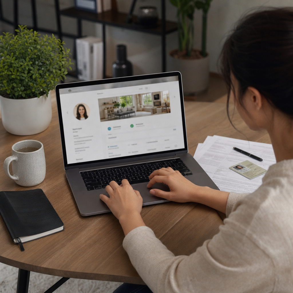 Photorealistic image of a newcomer organizing rental documents at a table in a modern apartment to build a trustworthy rental profile for landlords.
