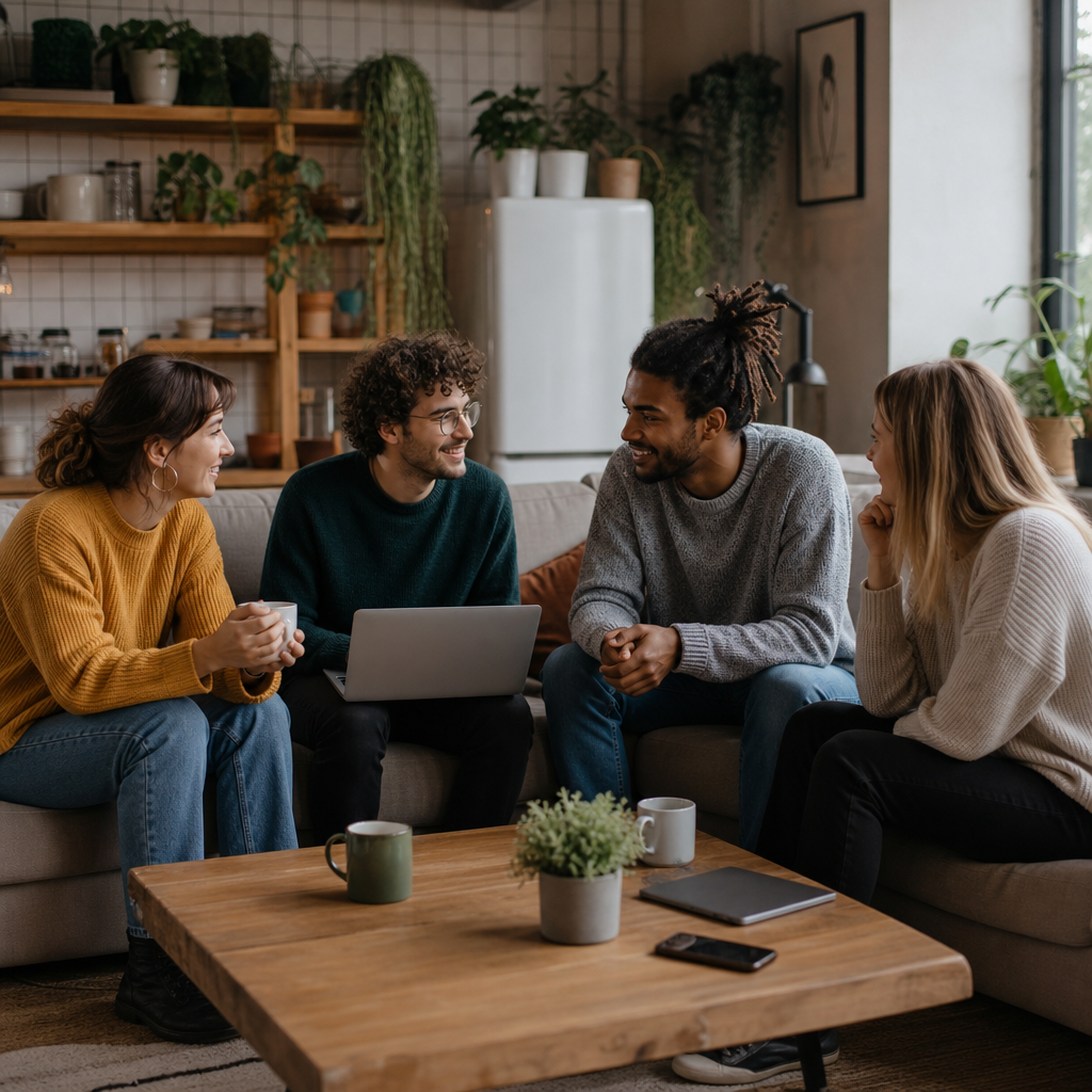 Photorealistic editorial scene of people searching for a co-living or flatshare apartment in a modern shared living room.