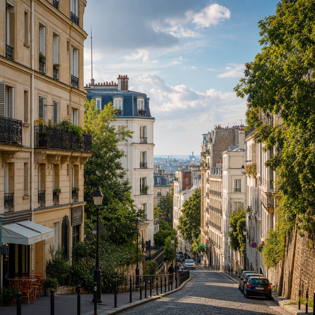 Photorealistic Paris street with Haussmann buildings, café, bicycles, and residents, illustrating mid-range rental neighborhoods in Paris.
