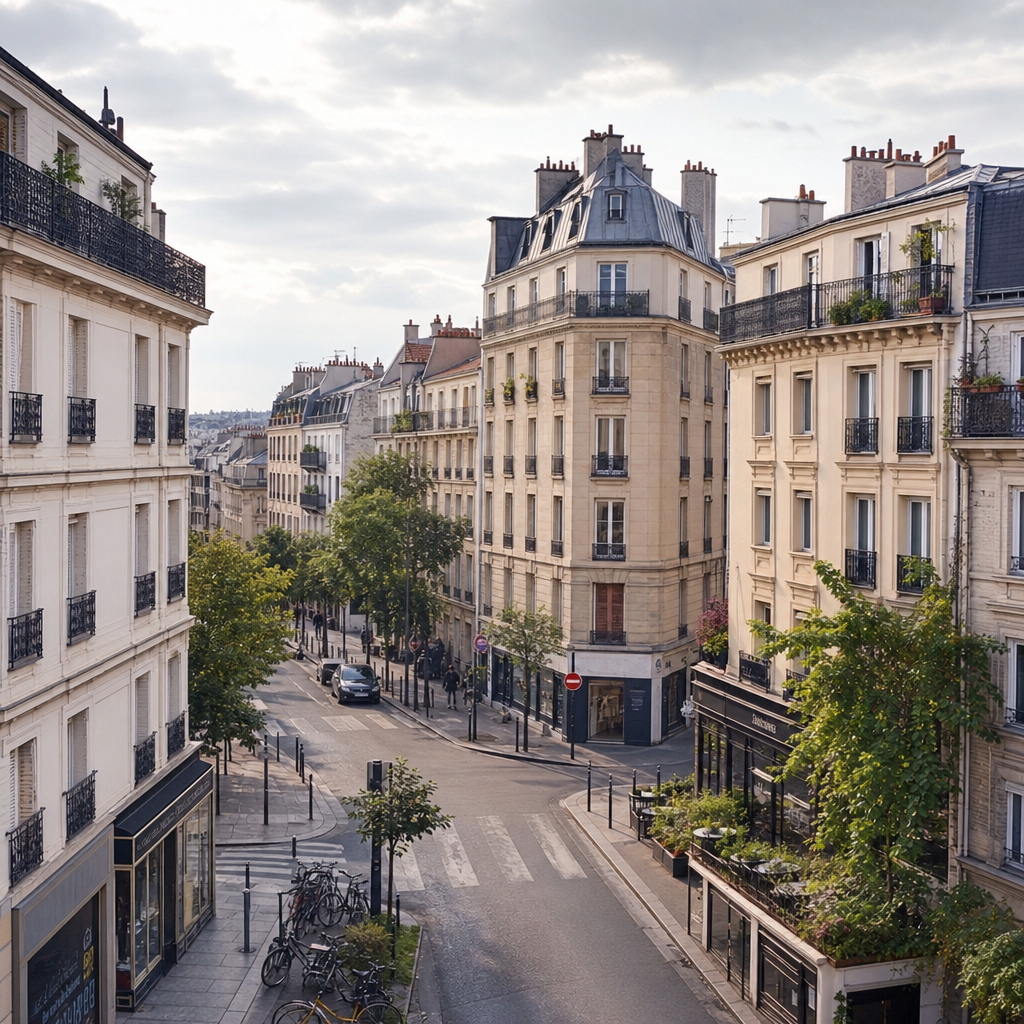 Photorealistic Paris street with apartment buildings, café seating, trees, and a renter exploring a charming mid-range neighborhood.
