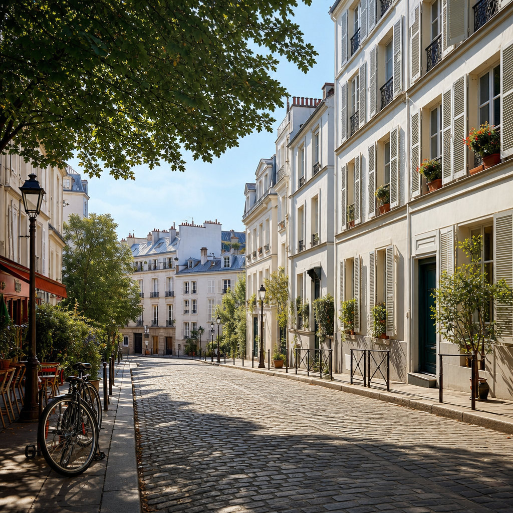 Photorealistic Paris street scene with classic apartment buildings, a café, and a couple on a balcony, illustrating mid-range rental neighborhoods in Paris.