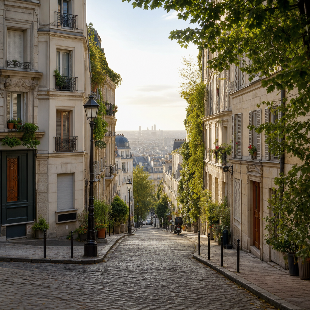 Photorealistic Paris neighborhood street with Haussmann-style buildings, café terrace, bicycles, and tree-lined boulevard suggesting mid-range rental areas.