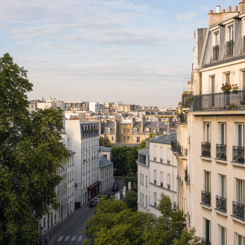 Editorial-style photo of a charming Paris neighborhood street with Haussmann buildings, cafés, bicycles, and a livable mid-range rental atmosphere.