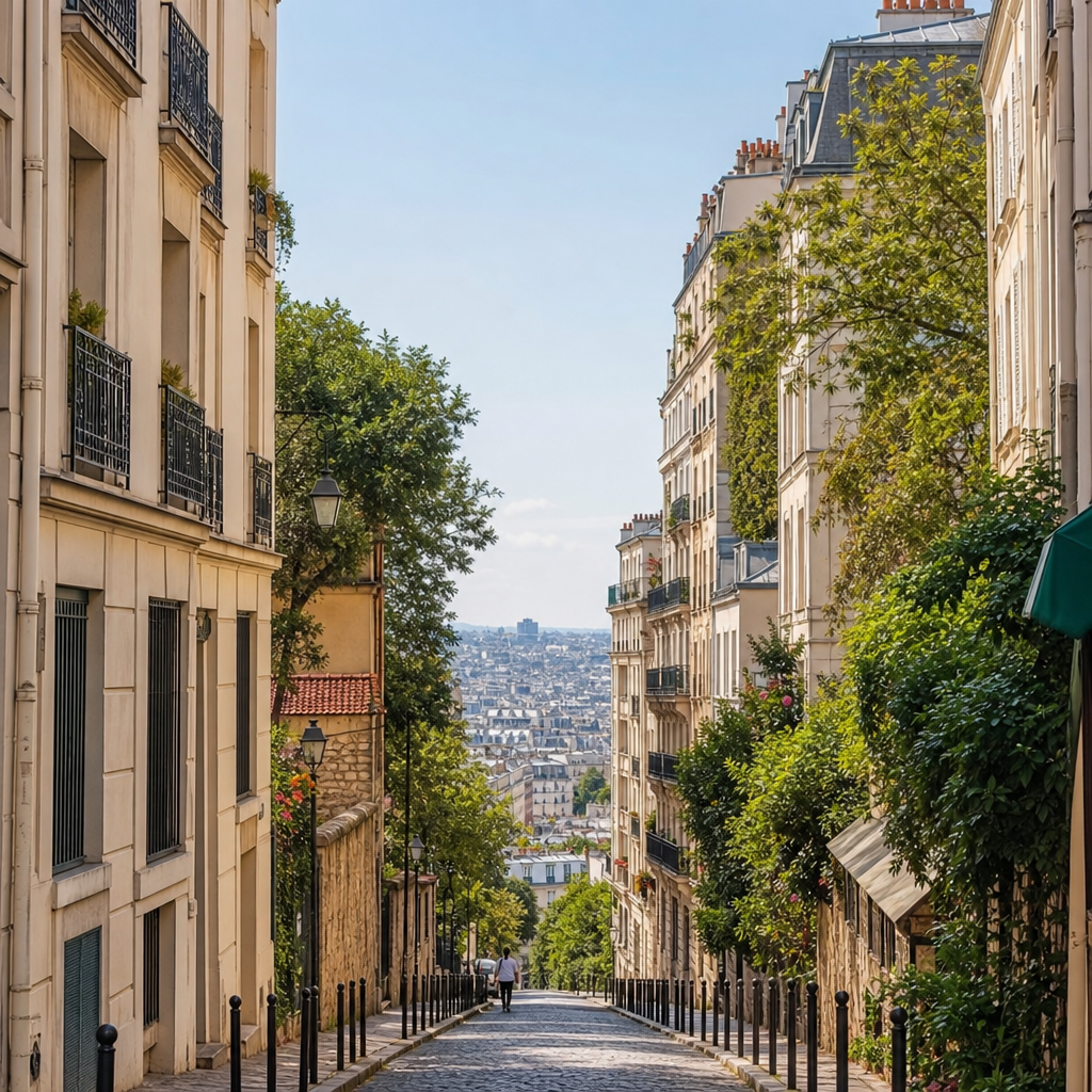 Photorealistic Paris street scene showing a mid-range rental neighborhood with Haussmann buildings, cafes, bicycles, and a young tenant searching for an apartment.