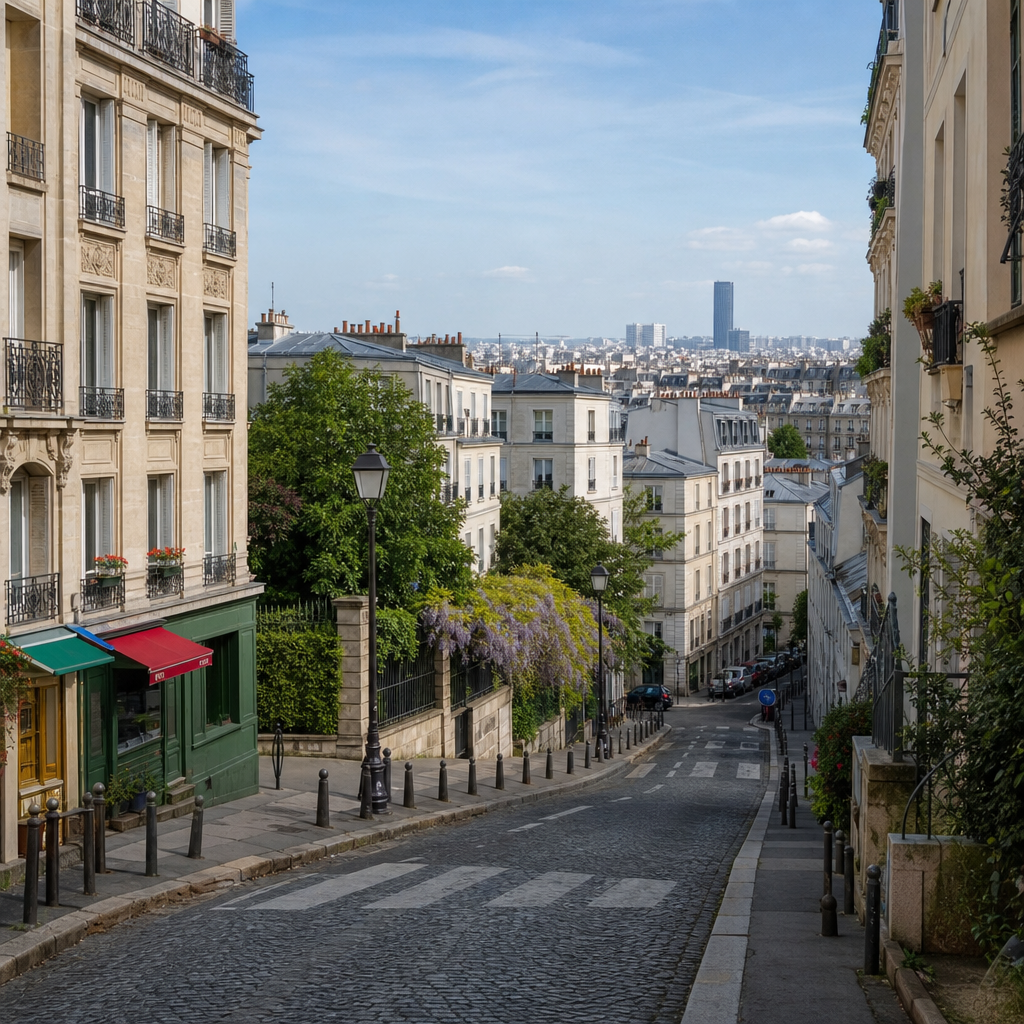 Photorealistic Paris street scene with renters exploring a mid-range neighborhood near classic apartment buildings and a café terrace.