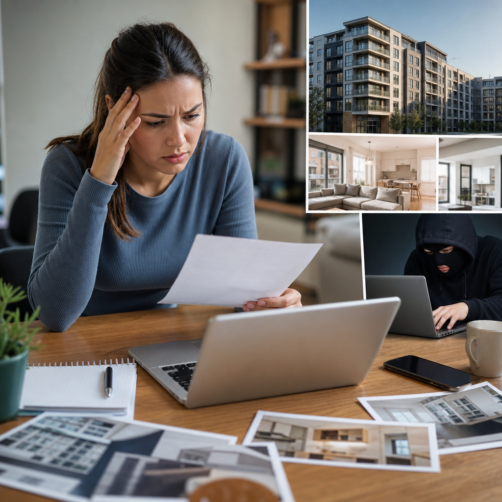 Modern editorial photo of tenants reviewing a rental agreement with visible scam warning signs in a stylish apartment lobby, illustrating common rental scams and how to avoid them.