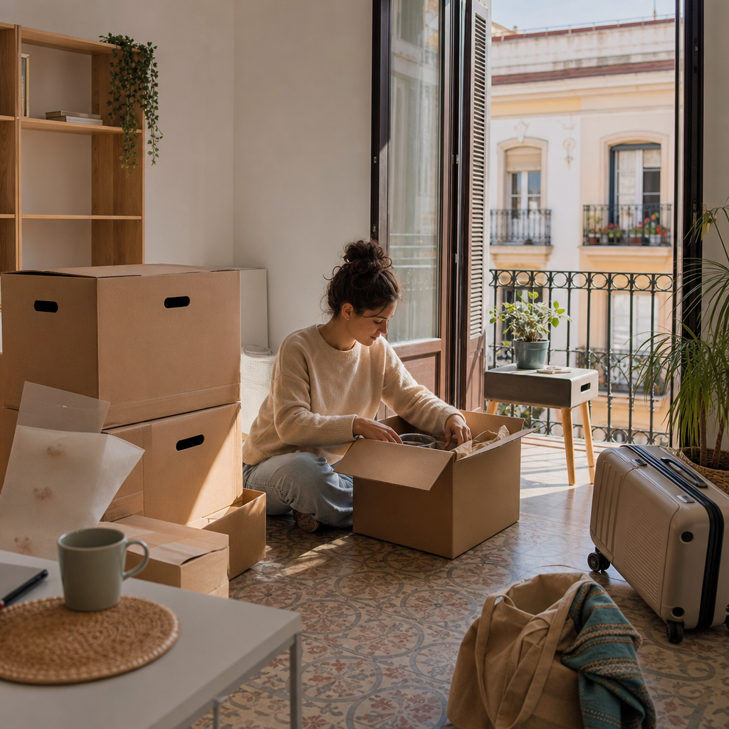 Young renter unpacking in a bright Spanish apartment with keys, boxes, phone, and checklist items, illustrating the first month of moving to Spain.