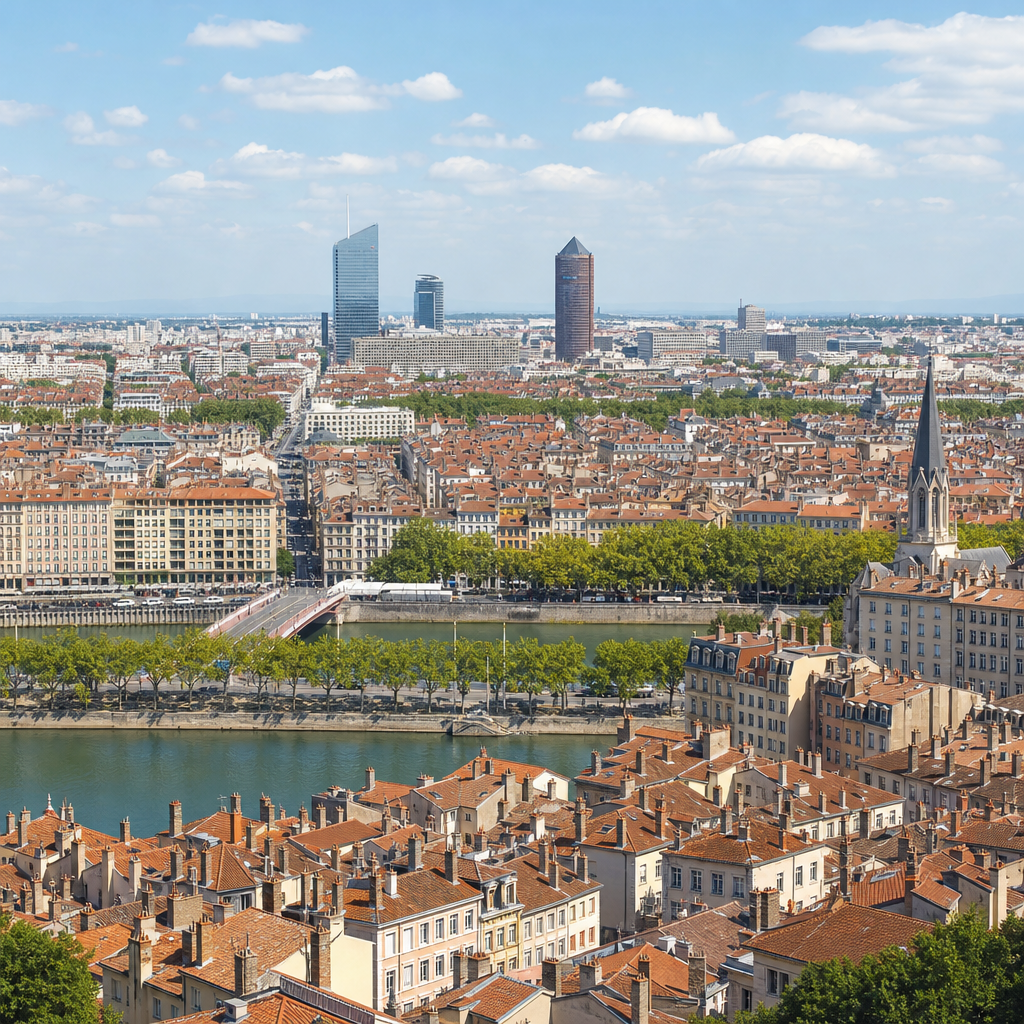 Photorealistic editorial image of Lyon, France, showing the city skyline, rivers, apartment buildings, and urban neighborhoods that represent rental prices, market trends, and popular hotspots.