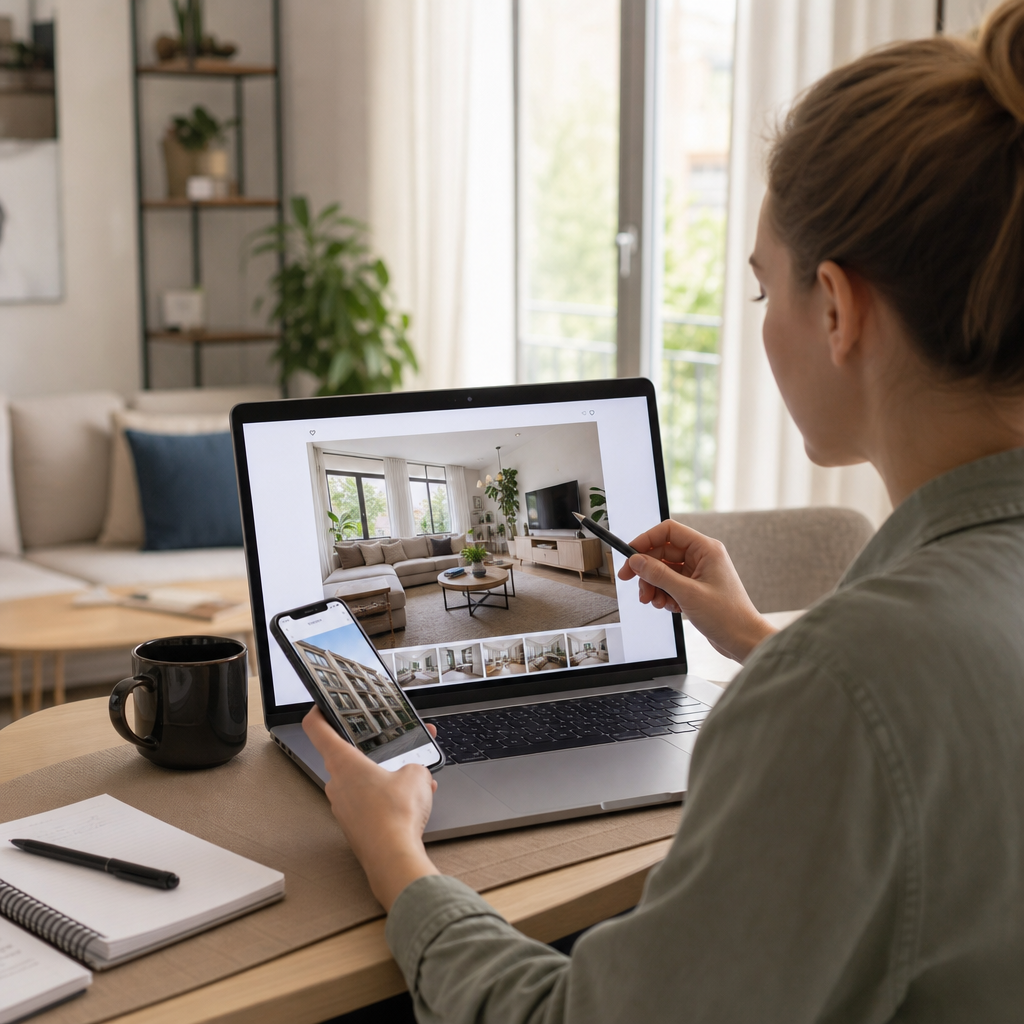 Photorealistic modern scene of a renter verifying a rental listing with a laptop, smartphone, documents, and apartment interior before visiting.