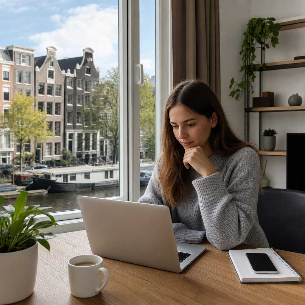 Modern office scene showing a person preparing to rent an apartment in the Netherlands before arriving, with laptop, phone, documents, and Dutch city details.