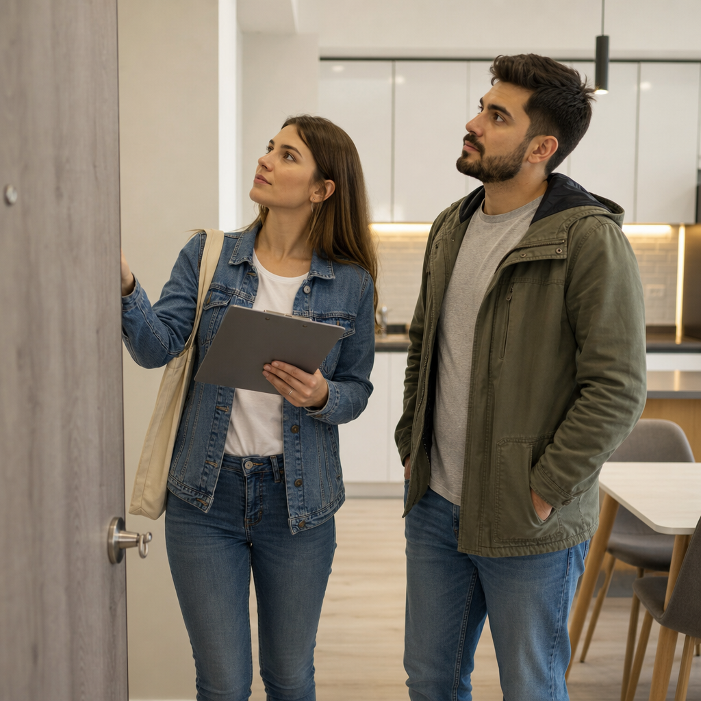 Prospective tenant inspecting a modern rental apartment with a real estate agent during a viewing, checking windows, sockets, walls, and fixtures.