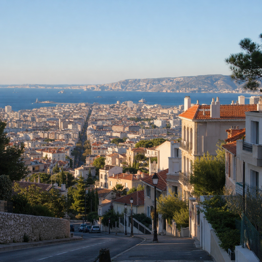 Photorealistic view of a Marseille neighborhood with tram access and the city center in the distance, illustrating where to live for an easy commute to central Marseille.