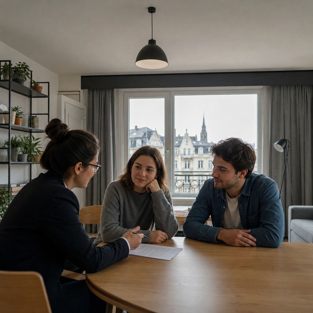 Photorealistic editorial image of a couple discussing apartment rental paperwork in Belgium with a real estate agent, representing renting without a local guarantor.