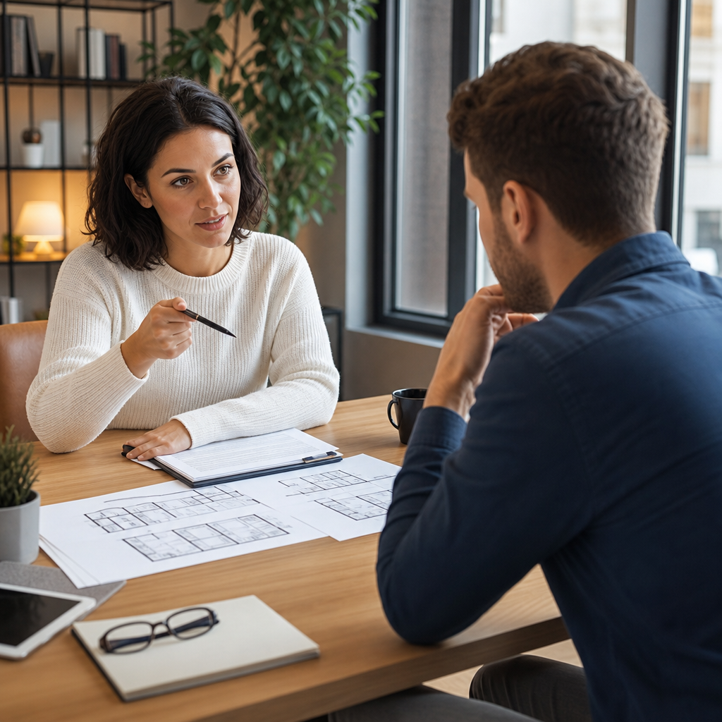 Prospective renter and landlord negotiating rent and lease terms at a table before signing a rental agreement.