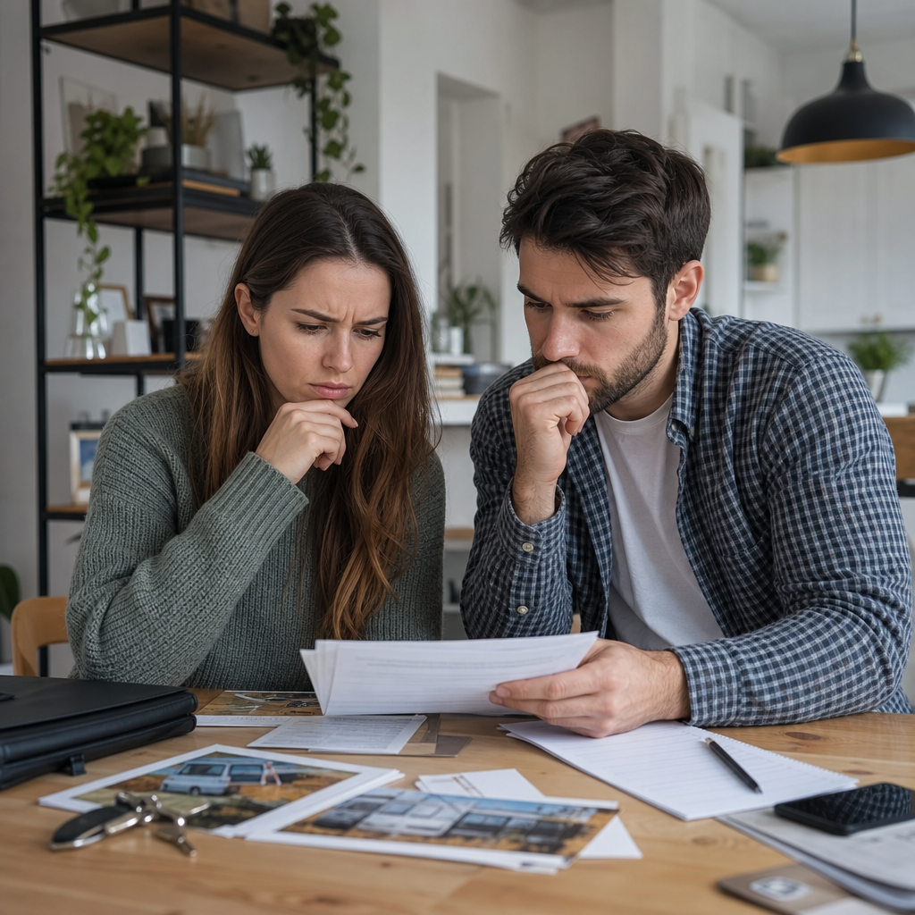 Concerned renter checking suspicious apartment listing and documents, illustrating warning signs of a fake landlord scam in a modern home setting.