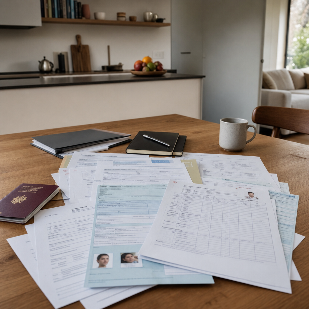 Photorealistic scene of a foreign tenant organizing rental paperwork in a modern Swiss apartment, with passport, residence permit, income documents, and a landlord reviewing the application.