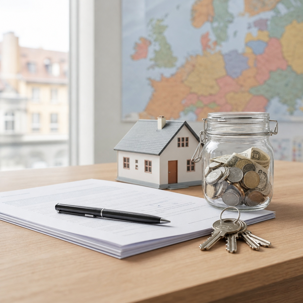 Modern editorial photo of a landlord and tenant reviewing a security deposit agreement in a European apartment, representing fair rental deposits across Europe.