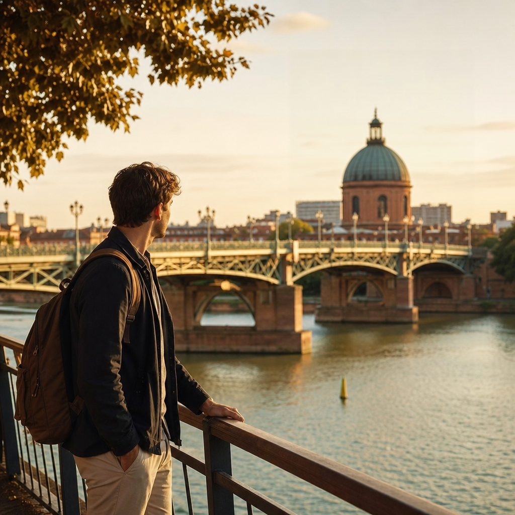 Photorealistic editorial image of a young professional in a stylish Toulouse apartment with city views, illustrating the best areas to rent for young professionals.