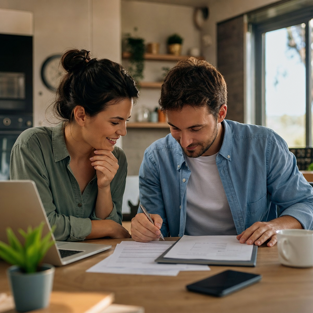 Photorealistic editorial image of a renter in Italy reviewing bank, utility, and rental paperwork before signing a lease.