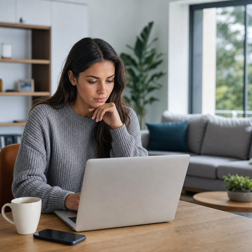 Photorealistic scene of a renter reviewing apartment listings and documents with a supportive guarantor nearby, illustrating how to search for rentals with a guarantor requirement.
